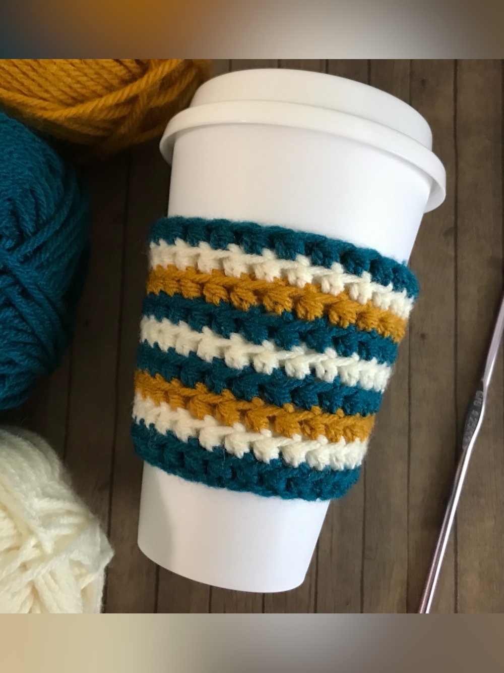 Handmade Crochet Coffee Cup Cozy, Teal, Mustard & Cream Crochet Coffee Sleeve
